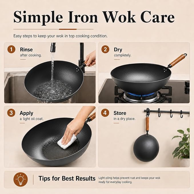 11" Round Bottom Carbon Steel Wok with Glass Lid, Traditional Chinese Stir Fry Pan for Gas Stove & Wok Ring, 3.2 QT Small Wok for 1–3 People, Uncoated, Wood Handle, Seasoning Required