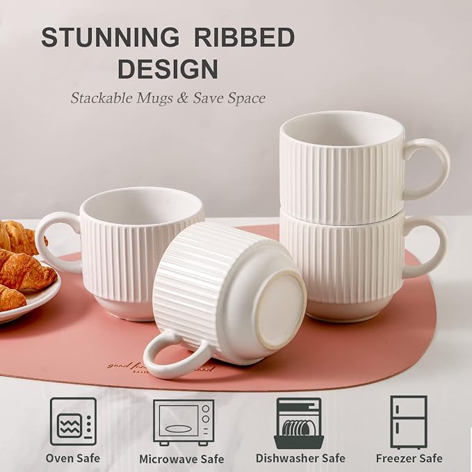 HASENSE 15 oz Ribbed Stackable Coffee Mug Set of 4, Porcelain Latte Cups with Metal Rack, Dishwasher & Microwave Safe, Cappuccino Tea Hot Cocoa, White
