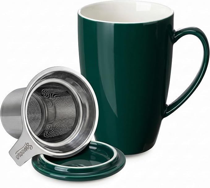 Sweese 15 OZ Porcelain Tea Mug with Infuser and Lid, Loose Leaf Tea Cup, Gifts for Tea Lover, Dark Green