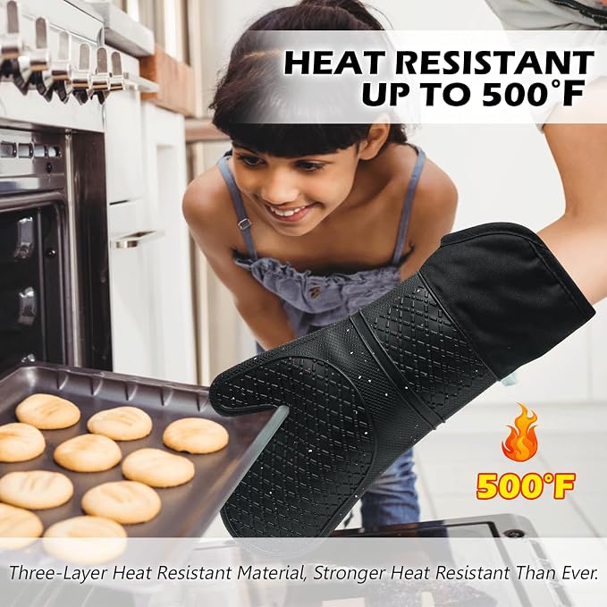 Silicone Oven Mitts 15'' Heat Resistant Flexible Oven Glove Set Hot Mitts with Soft Cotton Lining for Cooking, Baking, and Grilling (Black Mitts+potholders+Kitchen Towels, 15'')
