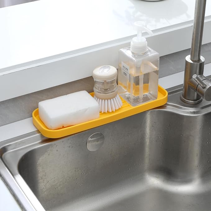 MicoYang Silicone Kitchen Sink Organizer Tray for Multiple Usage,Easy Clean,Eco-Friendly Sponges Holder for Kitchen Bathroom Counter or Sink,Dish Soap Dispenser,Scrubber,Bottle,Cup Yellow 12" x 4”