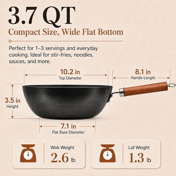 10.2-Inch Nitrided Carbon Steel Wok with Lid, Flat Bottom | 3.7-Qt wok with tempered glass lid for 1-3 servings; lightweight, induction compatible, coating-free, and seasoning required.