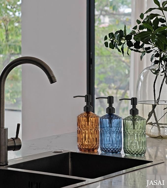 JASAI 18Oz Amber Glass Soap Dispenser with Black Pump for Bathroom. | Beautiful Kitchen Soap Dispenser with Thick Glass, Soap Dispenser Bathroom for Hand soap, Dish Soap, Lotion, Liquid Soap.
