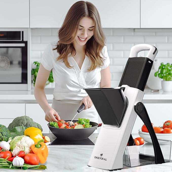 ONCE FOR ALL Safe Mandoline Slicer Plus, Bigger Size, Potato Slicer, Black | 0.1-8mm Adjustable Vegetable Food Chopper, Kitchen Mandoline Slicer Stainless Steel, Detachable Blade, Dishwasher-safe, Gift