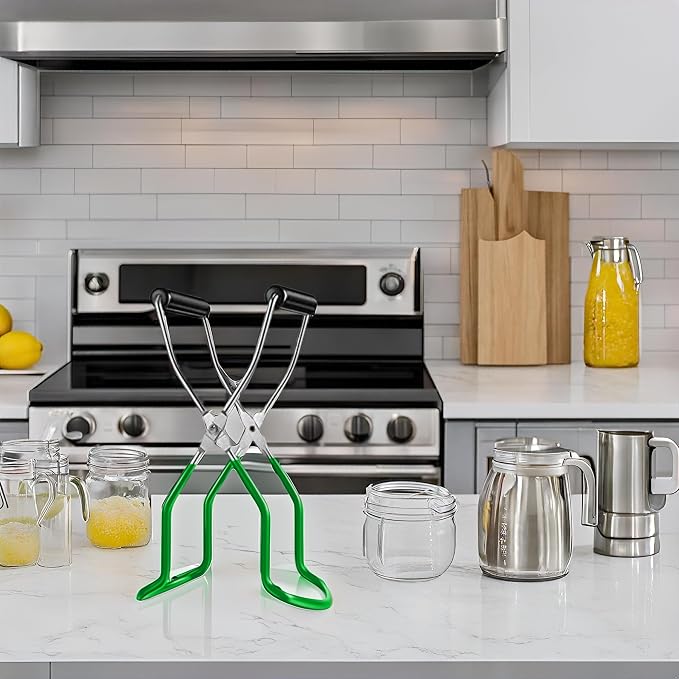 Canning Jar Lifter Tongs - Stainless Steel Jar Lifter with Rubber Grips | Slip Wide-Mouth Clip for Kitchen Restaurant, Green