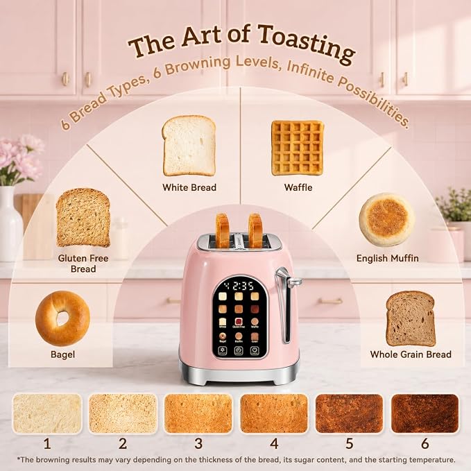 RONGBEST Retro Toaster 2 Slice Stainless Steel with Wide Slot Touchscreen for Breakfast Bagel & Bread, Reheat & Defrost, 6 Browning Levels, Removable Crumb Tray, Blush Pink