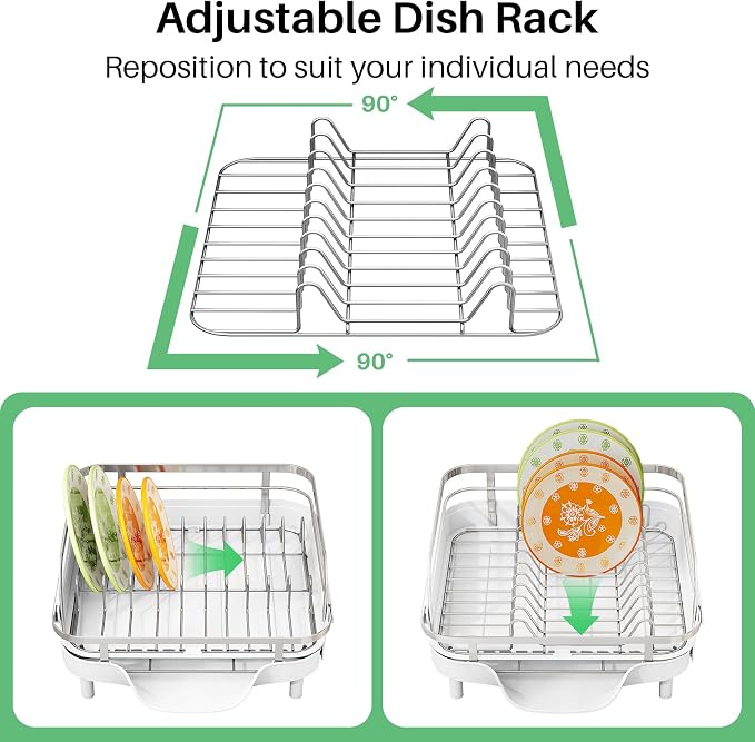 SAYZH Expandable Dish Drying Rack for Small Kitchen Counter, White | Stainless Steel, Protective Guardrail, Angled Drainboard, Fits High-Rim Sinks, Removable Utensil Holder
