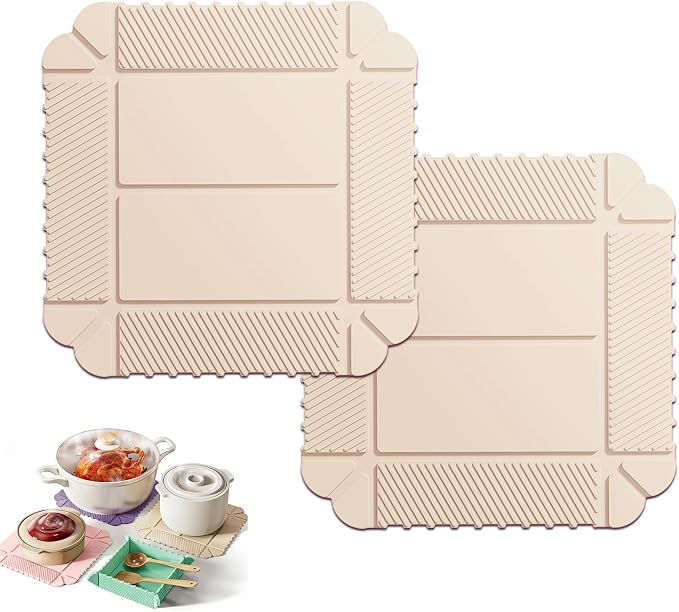 Magnetic Silicone Trivet Mat - Heat Resistant Hot Pad for Hot Dishes, Pots & Pans, Non-Slip Table & Countertop Protector (2, Beige)