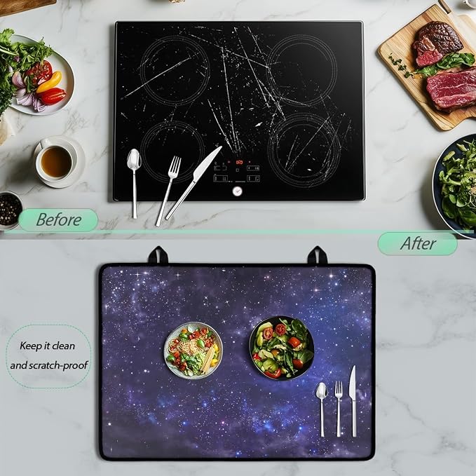 Navy Blue Galaxy Star Stove Top Covers for Electric Stove, Outer Space Nebula Glass Stovetop Cover with Lanyard Galaxy Universe Pattern Countertop Protector Mat for Kitchen 28 x 20 Inch