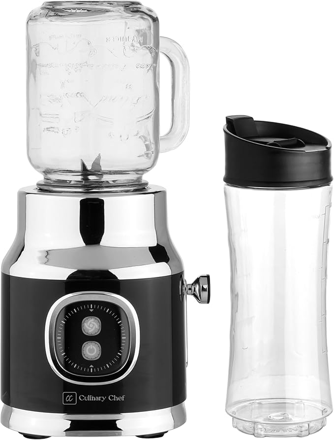 Culinary Chef, 300W Smoothie Maker Blender with 500ml Glass Mason Jar & 600ml BPA-Free Sports Bottle, Personal Smoothie Blender for Smoothies, Shakes, Frozen Fruit & Ice, Black