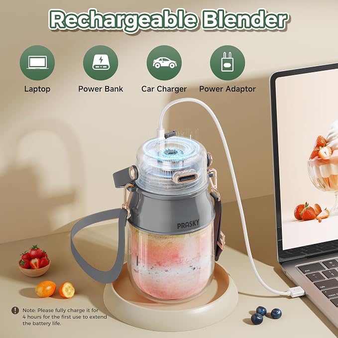 Portable Blender, 27oz Personal Blender for Smoothies & Protein Shakes with 70W Motor & Smart Lock, USB-C Rechargeable, BPA-Free for Travel/Office/Home/Gym Drink Mixer with Strap, Prasky (Light Gray) | Personal Size Blender for Smoothies, USB-C Recharg...