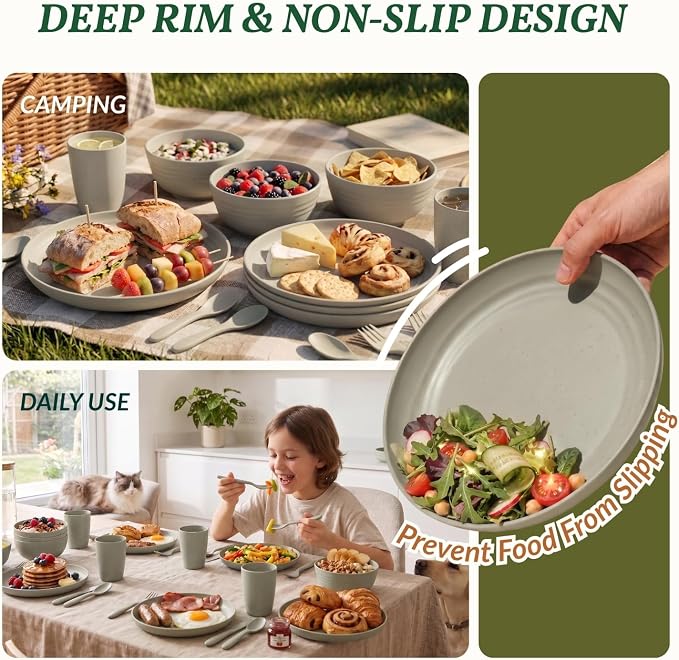 Wheat Straw Dinnerware Sets 20 PCS Unbreakable Plates and Bowls Sets Microwave Safe Camping Dish Set Kids Dinnerware Set, Kitchen, Apartment, Party, RV, Picnic, Dorm-Grey
