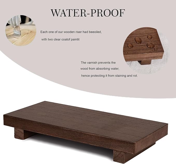 Wood Bathroom Tray Farmhouse Decor Kitchen Soap Holder, 10"x4.5" Walnut | Waterproof, Lightweight, Easy Clean, Small Wooden Riser Pedestal Stand Accessories for Office Desk, Vanity, Counter, Sink