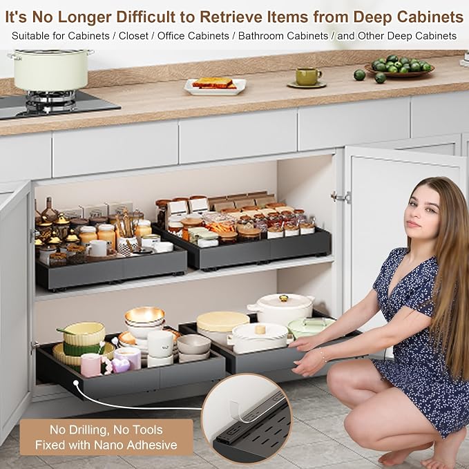 Fokyfok Pull out Cabinet Organizer,15"-21"W,17"-24"D,Expandable,Adhesive | No Drill,3 Rails,Roll out Drawers,Adjustable Slide out Shelves for Kitchen,Pantry,Framed and Framless Cabinets,Black,1PC