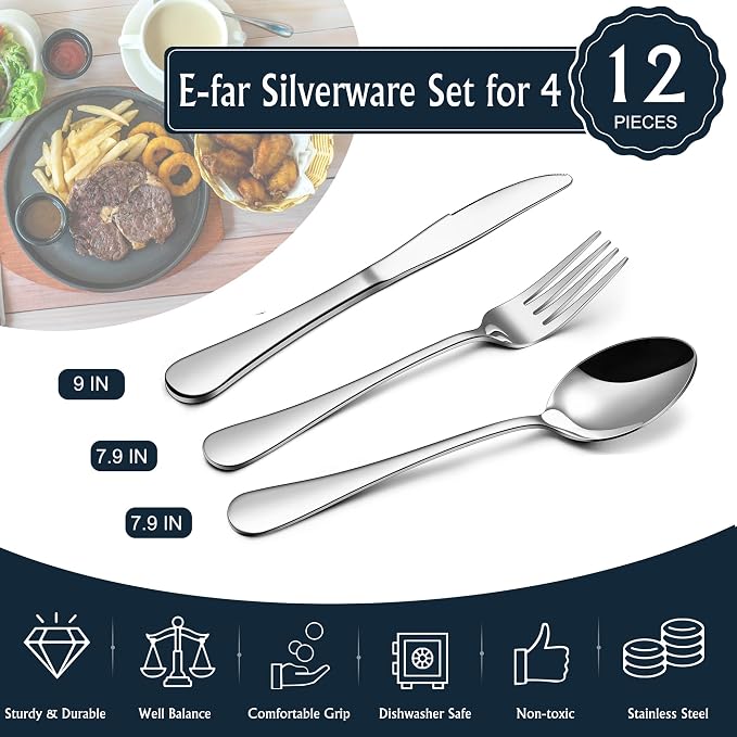 E-far Forks Spoons and Knives Set for 4, 12 Pieces Stainless Steel Silverware Set, Food Grade Flatware Cutlery Set for Home Kitchen Restaurant, Mirror Finish, Dishwasher Safe