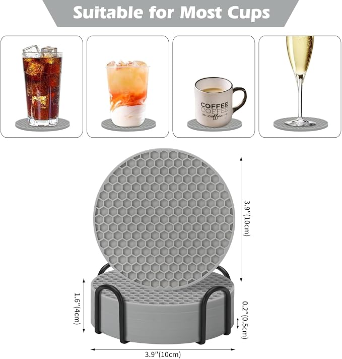 TWTLi Silicone Coasters Set of 6 with Holder — Non-Slip Drink Coasters for Coffee Table, Home Bar & Kitchen, Protects Wood & Marble Surfaces from Water Rings, Dishwasher Safe (Gray)
