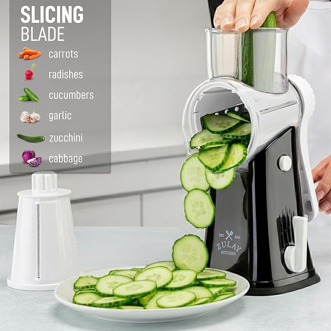 Zulay Kitchen Rotary Cheese Grater 5 Blade Cheese Shredder - Manual Hand Crank Cheese Grater With Reinforced Suction & 5 Interchangeable Drums - Easy to Use, Vegetable Chopper Round Mandoline Slicer