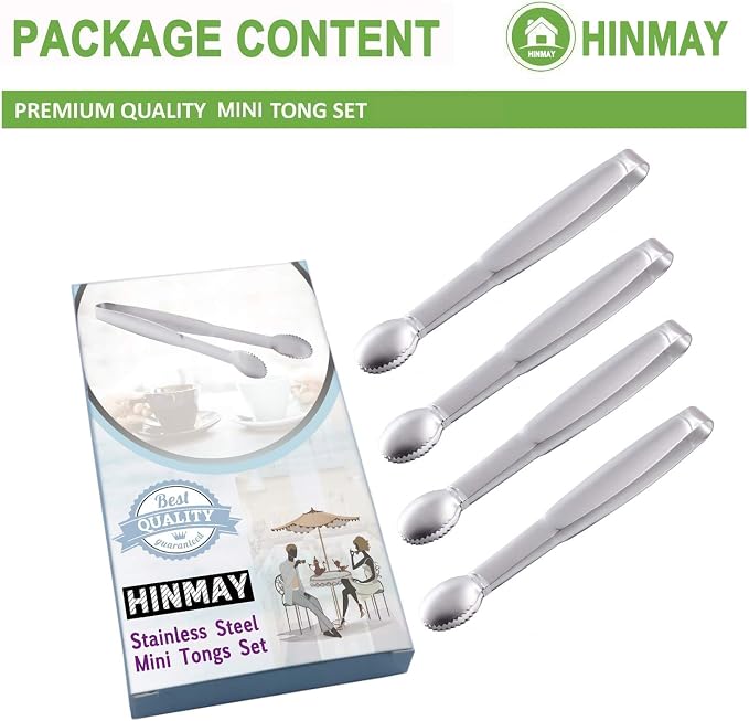 HINMAY Mini Tongs 5-3/4 Inch Stainless Steel Small Serving Tongs, Set of 4 | Tiny Kitchen Tong for Appetizers, Tea Party, Coffee Bar, Desserts