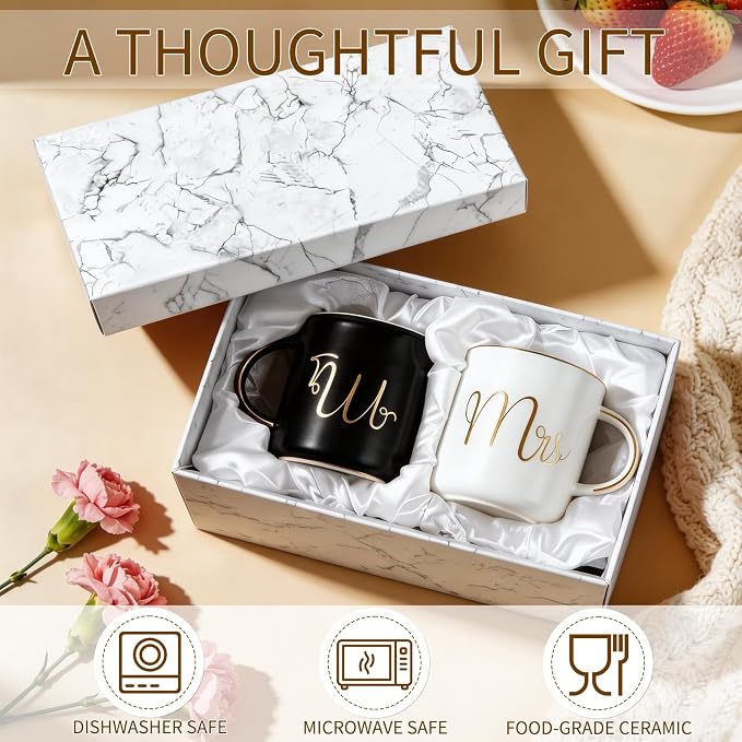 Cheardia 12 oz / 360 ml Mr. and Mrs. Mug, Ceramic Coffee Couple Mug Set | His and Hers Mugs for Bride and Groom, Anniversary, Valentines, Bridal Shower, Engagement Gifts, Black & White