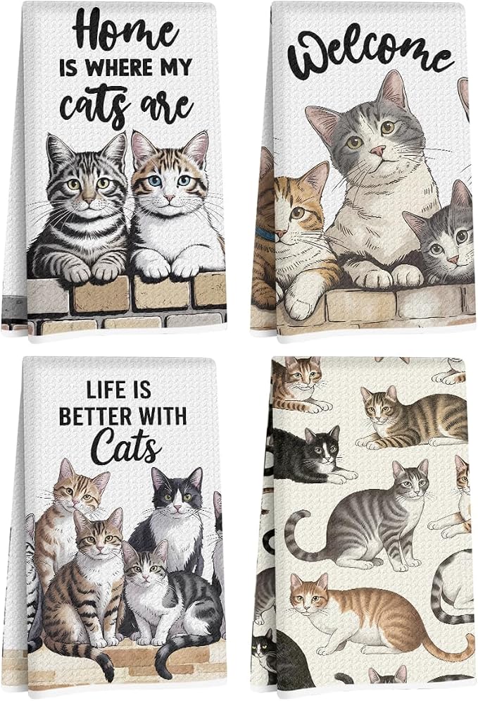 4 Pcs Cute Cat Kitchen Towels 24x14 Inch, Cats Gifts Absorbent Hand Towels | Cat Lover Gifts for Women Mom Microfiber Dish Cloths for Drying Dishes, Waffle Dish Towels for Kitchen Home Decor