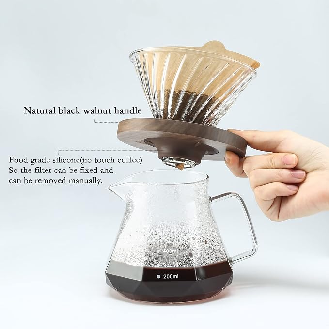 Lalord Pour Over Coffee Dripper with 100 pcs Size 02 Paper Filter, Walnut Handle and Borosilicate Glass, Glass Coffee Dripper, Hold for 1-4 Cups