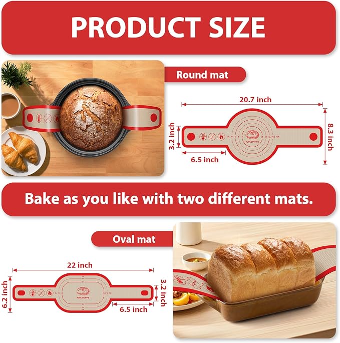 Silicone Bread Sling Oval and Round, 2Pcs Non-Stick Reusable Bread Sling, Sourdough Tools & Dutch Oven Accessories, Red