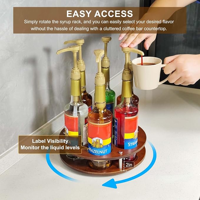 Rotating Coffee Syrup Organizer Rack, 7 Syrup Bottles Stand Holder | Anti-fall Design,7 Bottles Storage Display Turntable Tray & Lazy Susan for Syrup,Liquor Wine in Kitchen Countertop