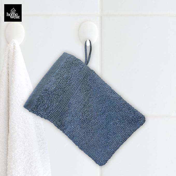 High Rise Stripe 6 Pack 6 x 8.5 Wash Mitt Set, Low Twist, Highly Absorbent, Gentle Hand and Face Cloth, European Style with Loop, Indigo