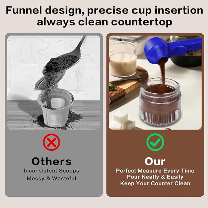 2-in-1 Coffee Scoop with Funnel, 2 Tbsp Measuring Spoon for Reusable K Cups, Ground Coffee, Protein Powder & Tea, Mess-Free Plastic Design（Dark Blue-1pack）
