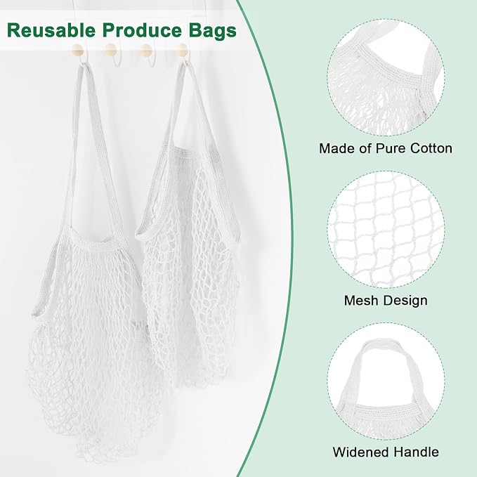 M METERXITY 2-Pack Cotton Mesh Bag, Reusable Washable Mesh Net String Grocery Bags, Reusable Produce Bags with Handle, Net Tote Bag for Fruits/Vegetables Shopping [White, Long&Short Handle]