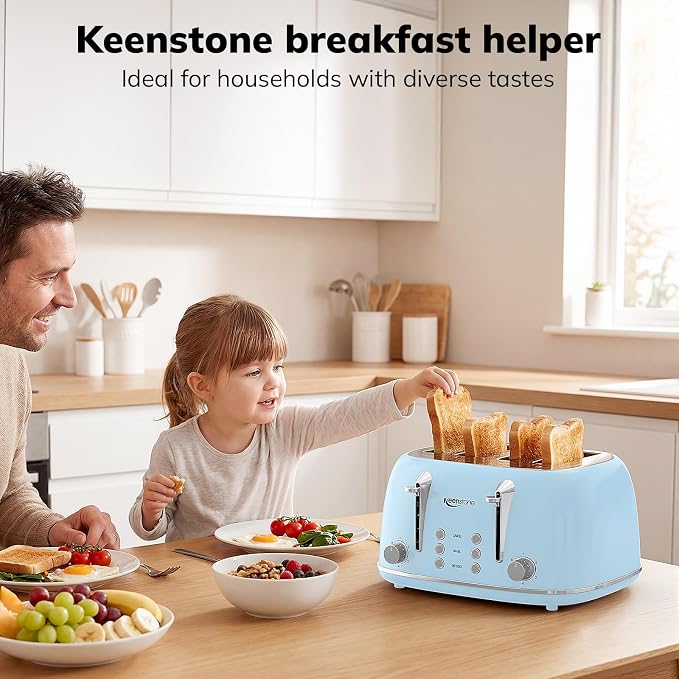 Keenstone Toaster 4 Slice, Retro Stainless Steel Wide Slot Toaster with Dual Independent Controls, 6 Browning Levels, Bagel, Defrost, Reheat & Cancel, Removable Crumb Tray, Blue