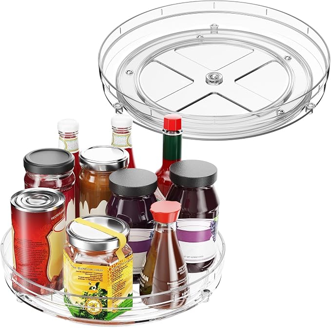 Optish 3 Pack 9.5" Clear Lazy Susan, Non-Skid Turntable Spice Organizer | 360° Smooth Rotation, Clear Design, Tall Raised Edge, Easy Access, Load 15 lbs, for Spices, Cabinet, Pantry, Fridge, kitchen