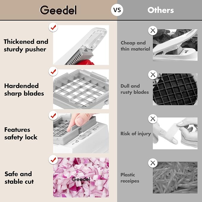 Geedel Vegetable Chopper with Container, 4 in 1 Food Chopper Veggie Slicer | Onion Chopper, 420 Stainless Steel, Safety Lock, Dishwasher Safe, No BPA, Cleaning Brush Included, for Vegetables, Cheese