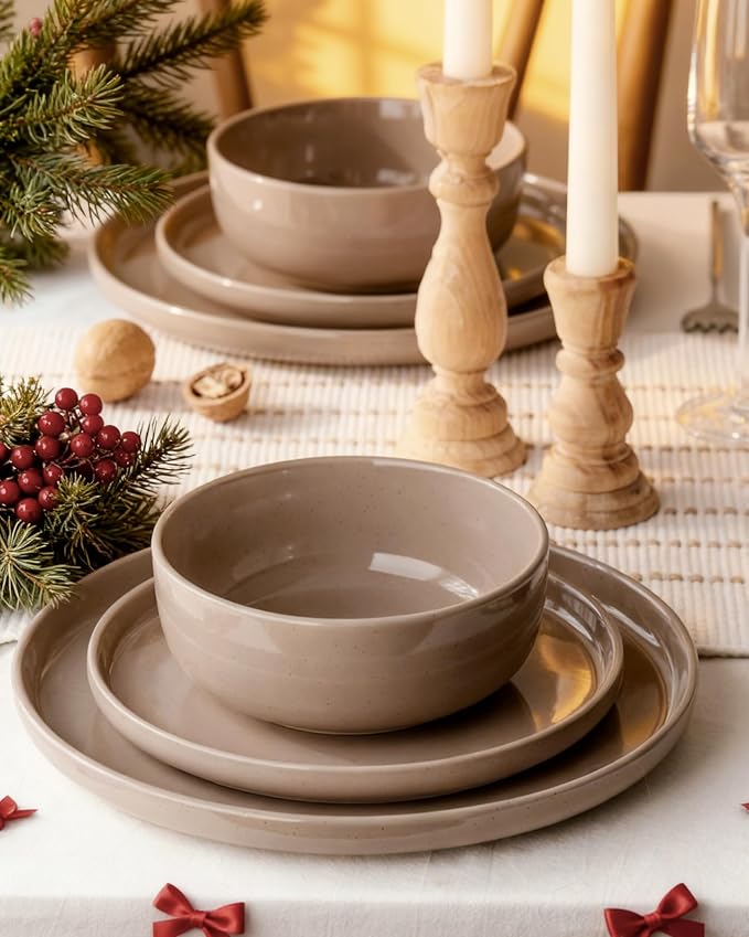 Famiware Milkyway 12-Piece Stoneware Dinnerware Set, Cinnamon Brown | Plates and Bowls for 4, Dishes Set for Everyday & Formal Use, Microwave & Dishwasher Safe, Chip & Scratch Resistant