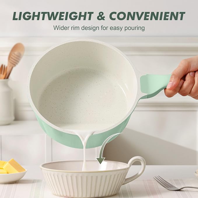 SENSARTE Ceramic Nonstick Saucepan with Lid 2.0QT, PTFE/PFAS Free, Green | Kitchen Cooking Pot with Stay Cool Handle, Induction Compatible, Ceramic Coating