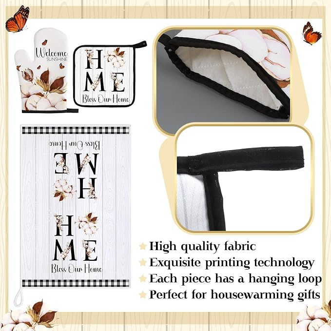 Leinuosen 8 Pcs Rustic Kitchen Towels and Dishcloths Sets Pot Holders and Oven Mitts Sets Absorbent Kitchen Gloves Potholders Heat Resistant for Chef Baking Cooking