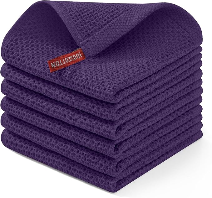 Homaxy 100% Cotton Waffle Weave Kitchen Dish Cloths 6-Pack, Eggplant | 12 x 12 Inches, Ultra Soft Absorbent Dish Towels, Quick Drying Dish Rags with Hanging Loop