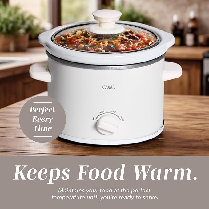 COOK WITH COLOR 2QT Mini Electric Round Slow Cooker - Adjustable Settings, Removable Stoneware Pot, Tempered Glass Lid, Dishwasher Safe, Cool-Touch Side Handles, Cream