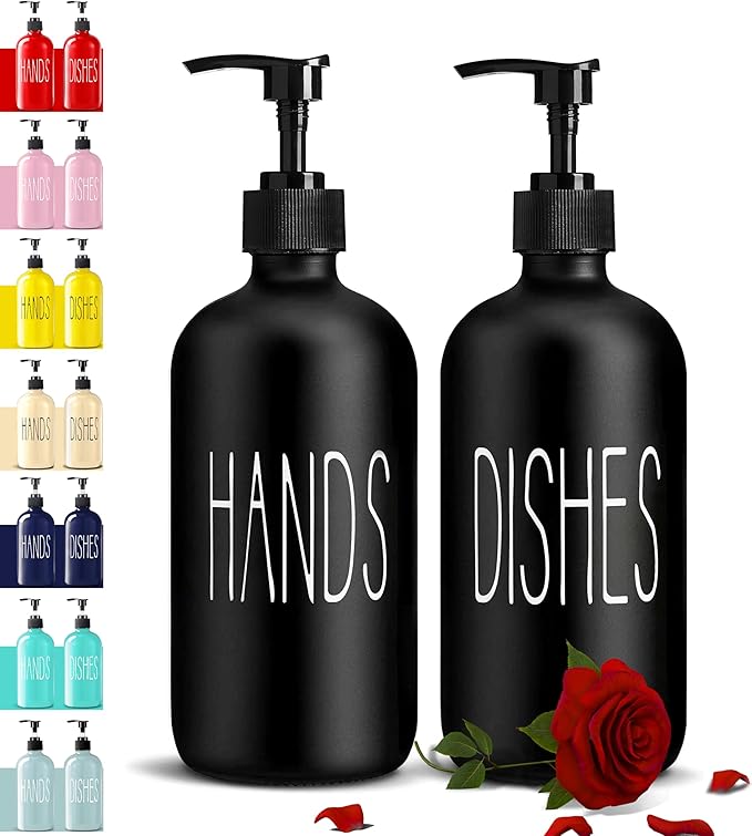 COHOSEGE Glass Soap Dispenser Set 2 Pack,Contains Hand and Dish Soap Dispenser.Premium 16 Oz Black Kitchen Soap Dispenser Set for Kitchen Sink and Farmhouse Decor
