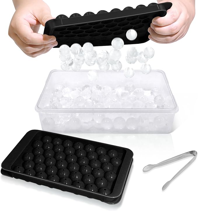 Ice Cube Tray with Lid and Bin, 0.8" Round Ice Trays for Freezer | 2 Black Ice Cube Trays with Ice Box & Tong, 0.8" Round Ice Balls for Iced Coffee & Juice, Easy Twist Release, For Gatherings