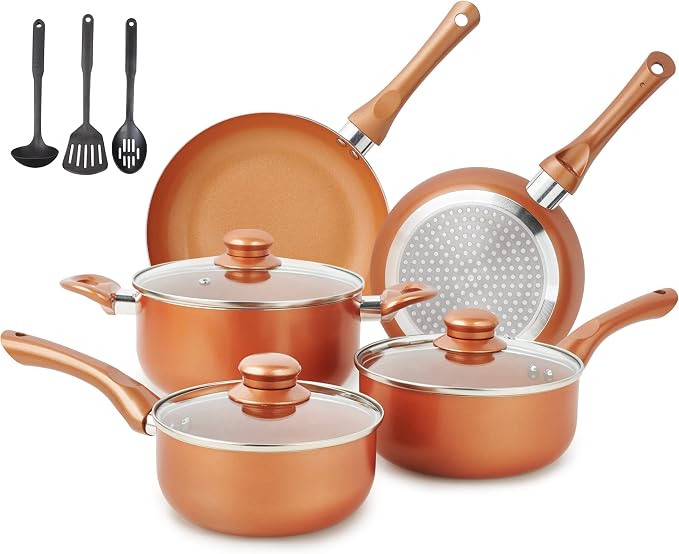M MELENTA Pots and Pans Set Ultra Nonstick, Pre-Installed 11pcs Cookware Set Copper with Ceramic Coating, Stay cool handle & Nylon Kitchen Utensils, Gas/Induction Compatible, 100% PFOA Free | Compact Nonstick Cooking Set, Induction Cookware Set, PFOA &...