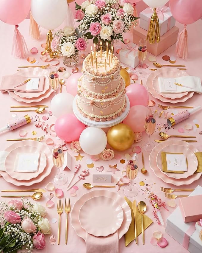 LIYH 24 Pcs Pink Plastic Plates Reusable, Pink Scalloped Plates Durable and Dishwasher Safe, Light Weight Daisy Wavy Plate Parties, Birthday, Picnics, BPA Free(12Guests)