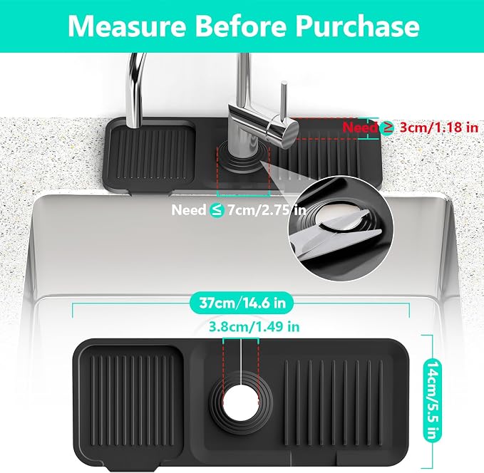 14.6'' Faucet Mat for Kitchen Sink [5°Slope Fast Self-draining] Kitchen Sink Splash Guard Silicone Kitchen Sink Faucet Mat Splash Guard for Kitchen Sink Area Tidy Splash Faucet Guard Draining Mat