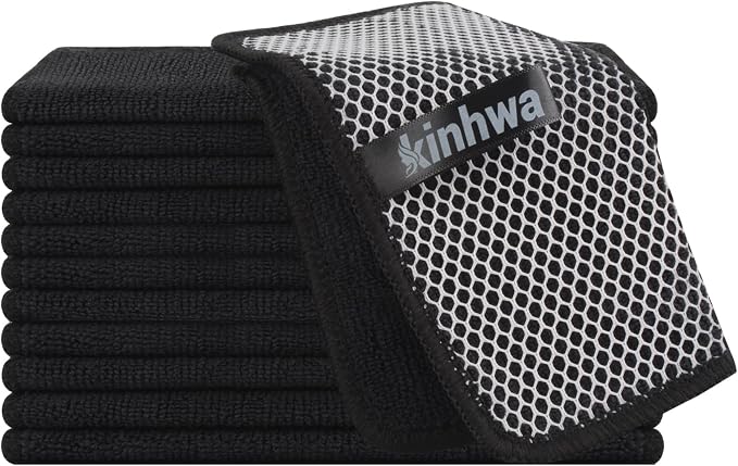 Dish Cloths for Washing Dishes with Scrub Side, Microfiber Dish Rags | Dual-sided microfiber dish cloths with scrubber for stuck-on food, quick dry kitchen washcloths 12 Pack, 7" x 7 Inch Black