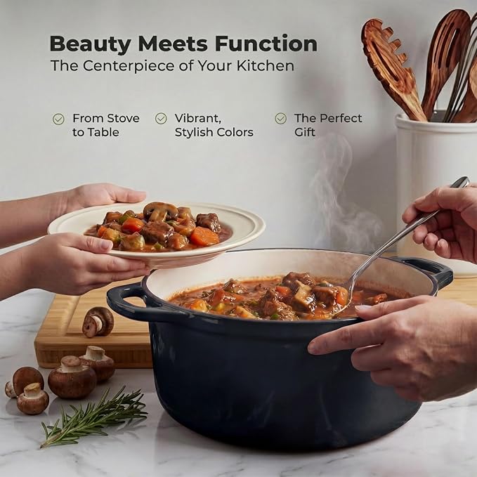 Zulay Kitchen 7.7 Quart Enameled Cast Iron Dutch Oven Pot with Lid – Premium Durability & Oven Safe up to 500°F – Heavy Duty Cookware Perfect for Bread Baking, Stews, Braising & Roasting – Black