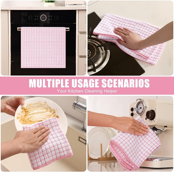 Mordimy Cotton 8 Pack Terry Kitchen Towels, 16 x 25 Inches | Super Soft and Absorbent Dish Towels, Quick Drying Hand Towels for Kitchen Drying, Black/Grey/Pink/Brown