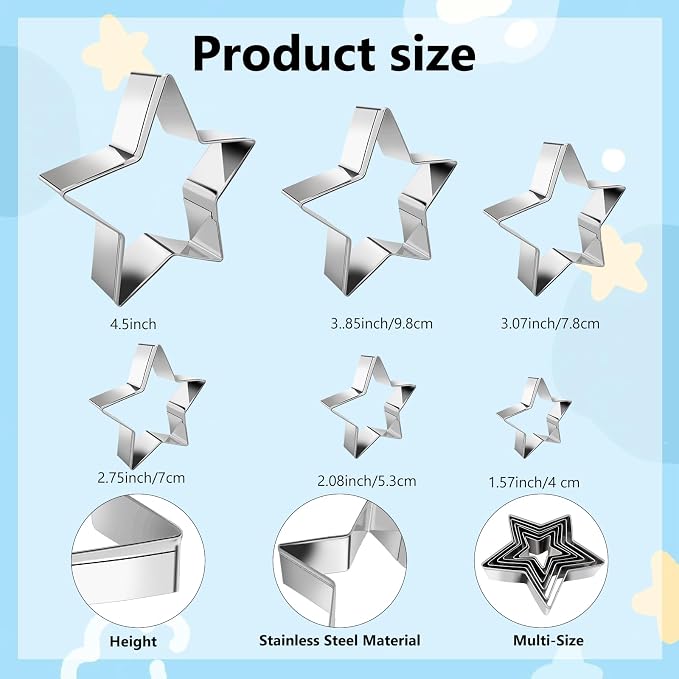 Star Cookie Cutter Set 6pcs Star Shaped Mold Metal Cookie Cutters Sandwiches Cutter Shapes Biscuit Mold for Kids Holiday Birthday Party