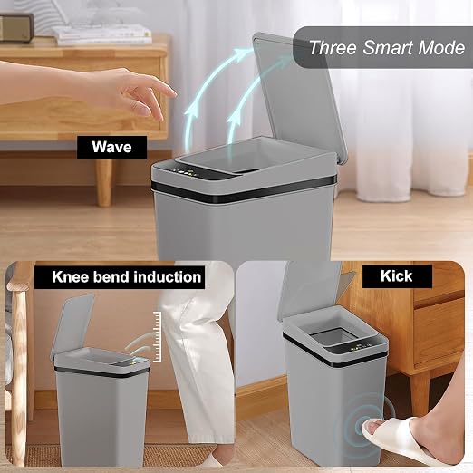 2 Pack - 2.5 Gallon Motion Sensor Bathroom Trash Can - Slim Smart Trash Can | Skinny Trash Bin with Lid - Electric, Narrow, Plastic, Auto Open - Small Automatic Garbage Can ( Grey )