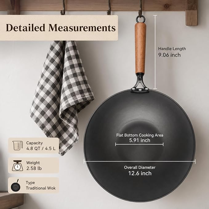 Carbon Steel Wok with Glass Lid, 12.6 Inch Flat Bottom Stir Fry Pan, Rolled Edge Spun Wok Pan, Coating-Free Wok for Induction, Gas & Electric Cooktops, 3–4 Servings