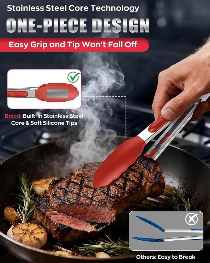 Good Grip Cooking Tongs with Silicone Tips, Set of 3-7" 9" and 12" | 600ºF Heat Resistant, 5-Layer Heavy Duty Stainless Steel, Pull Lock, Non Stick - Kitchen Tongs for Salad, Cooking and Frying